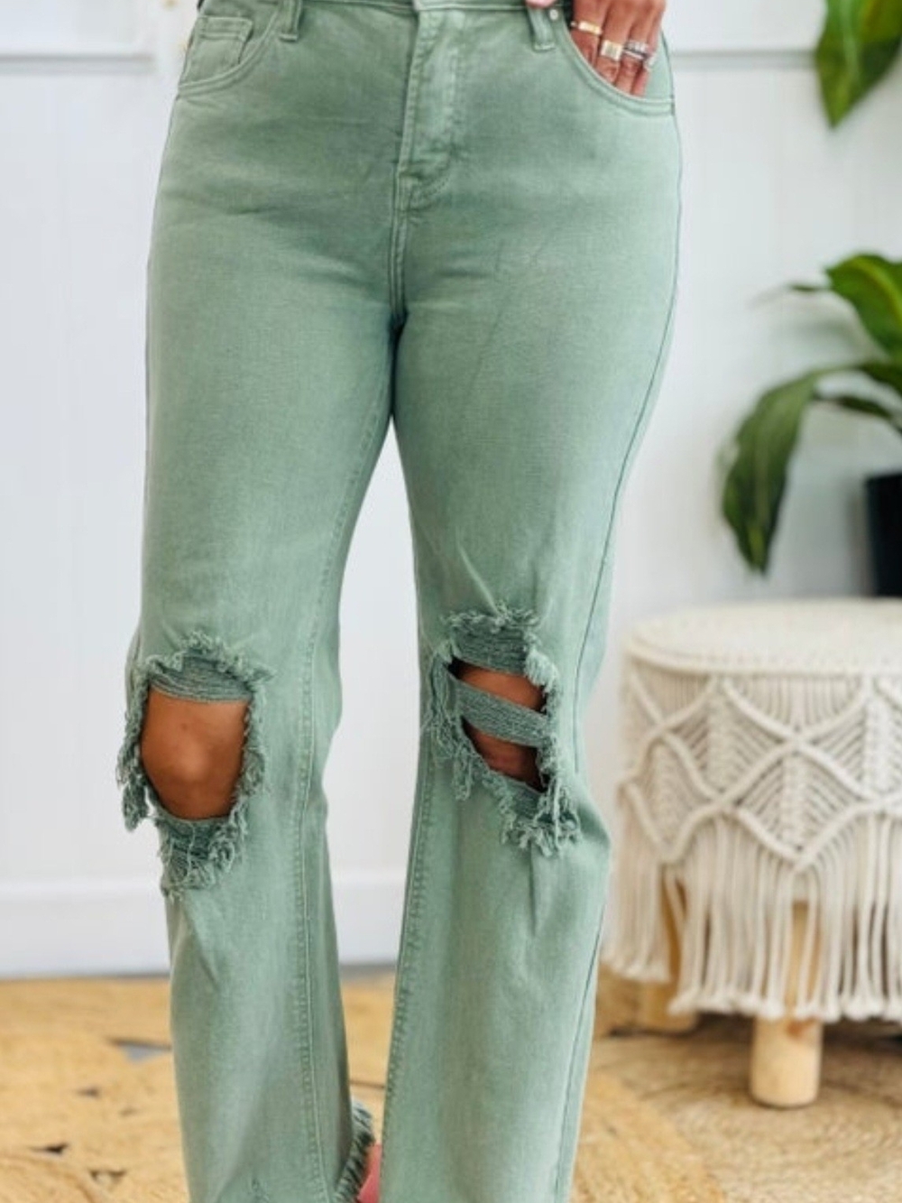 New Risen High-Rise Distressed Wide-Leg Cropped Jeans - Olive Green Size 13